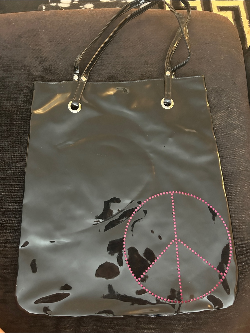 Black Patent Tote Bag with Pink Peace Sign